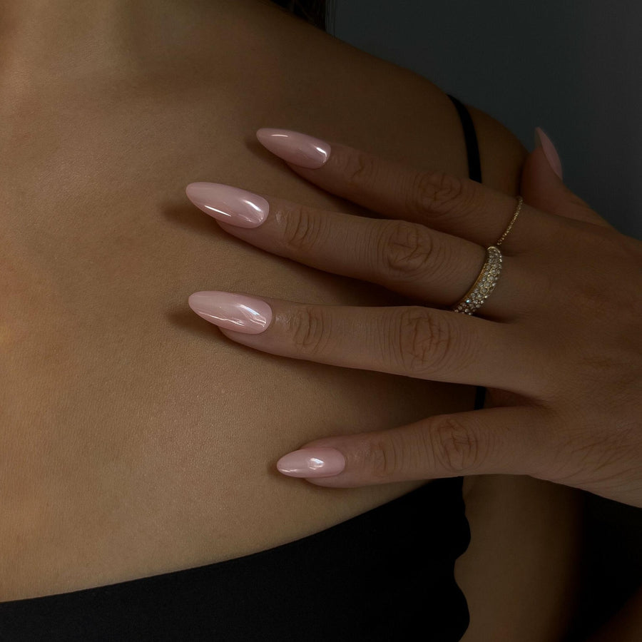 Olivia - Vanilla Chrome - Press On Nails Short Almond Natural Looking Fake Nails Frst Class Beauty Blush Glazed Donut