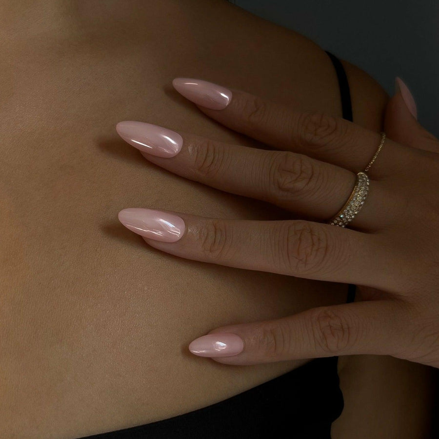 Hailey (Pearl) - Press On Nails Short Almond Natural Looking Fake Nails Frst Class Beauty Blush Glazed Donut