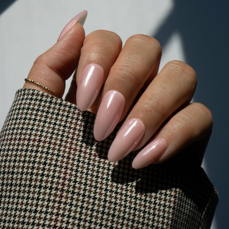 Pink Glazed Donut Hailey Bieber Chrome - Press On Nails Short Almond Natural Looking Fake Nails Frst Class Beauty
