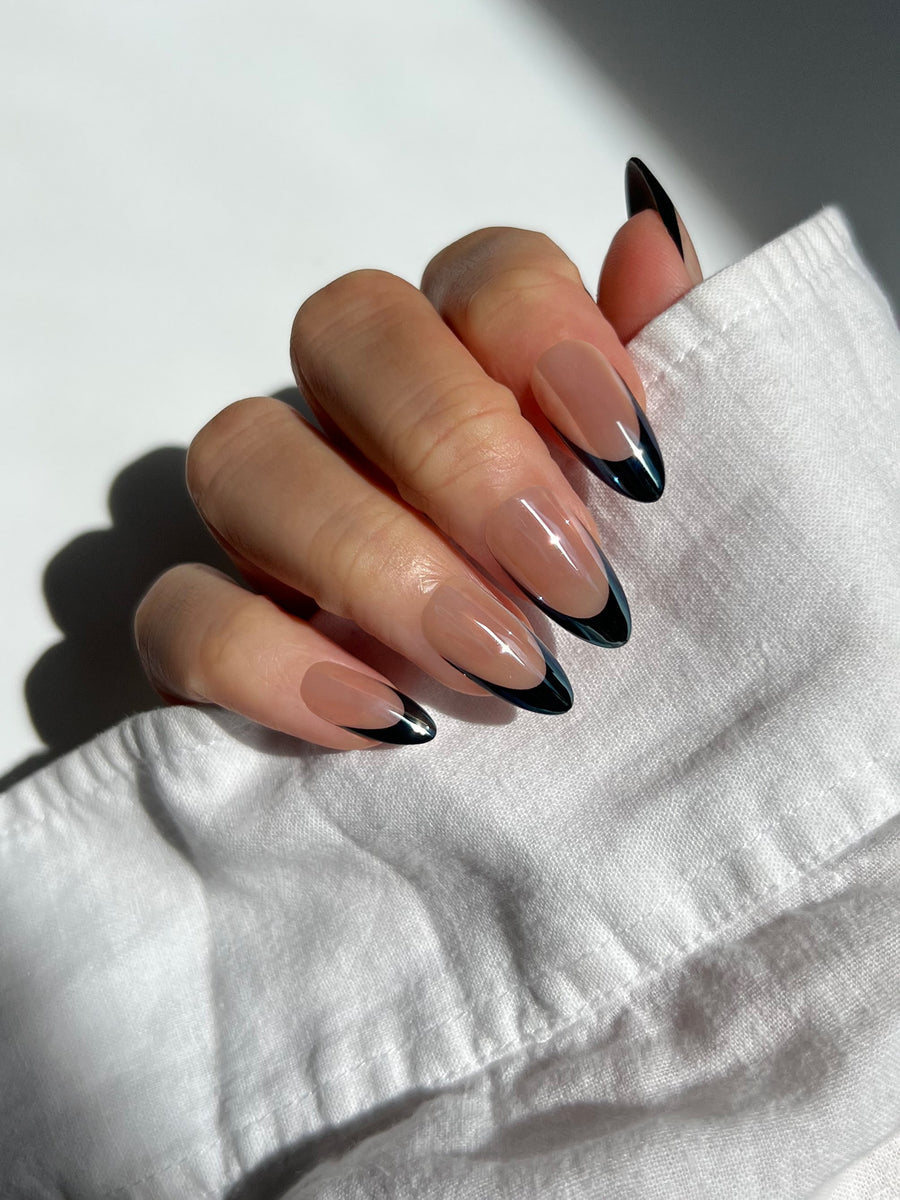 black french tip almond chrome preess on nails