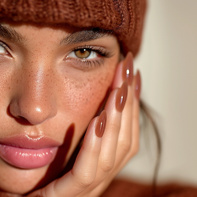 Brown chrome press on nails premium gel handmade press ons. Close-up of a person wearing a brown knit hat with a blurred background