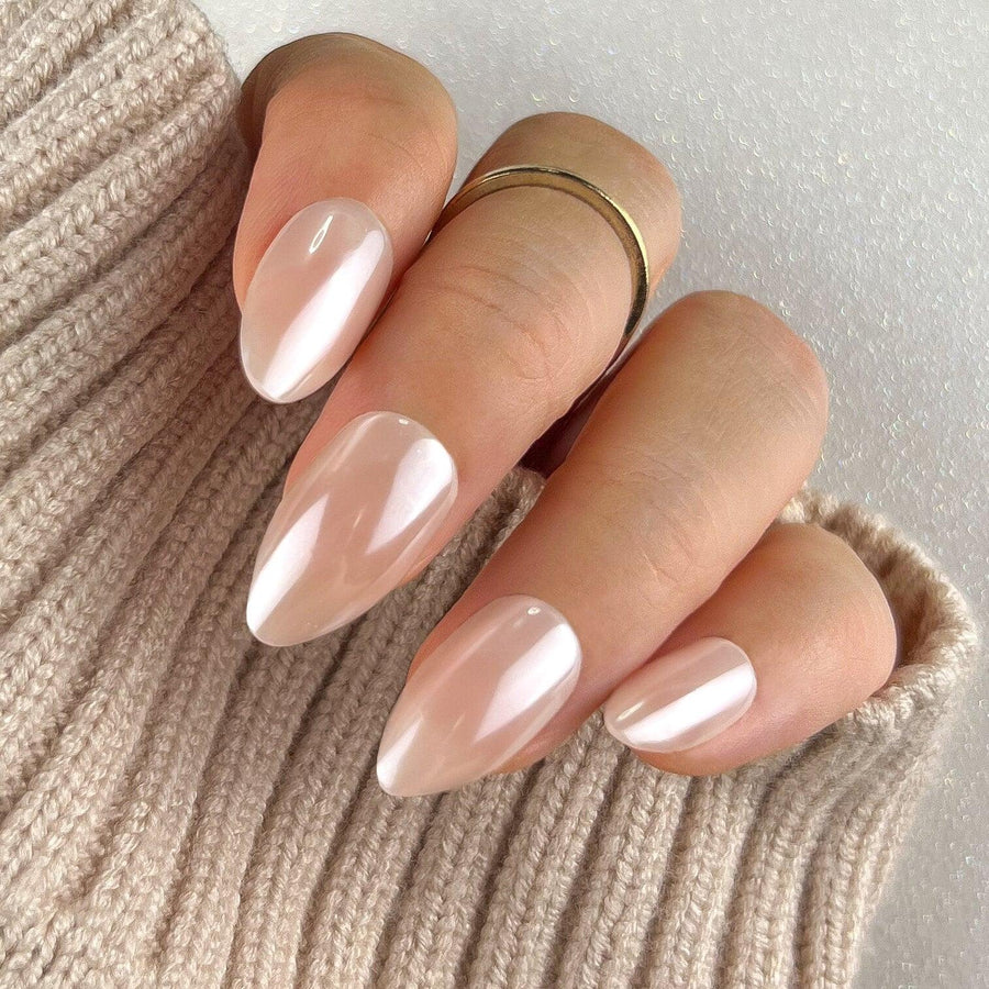champagne blush chrome short almond press on nails for wedding spring summer 2024 nails