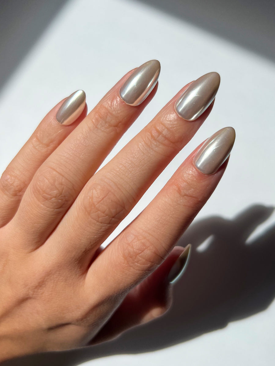 champagne chrome press on nails short almond classy elegant