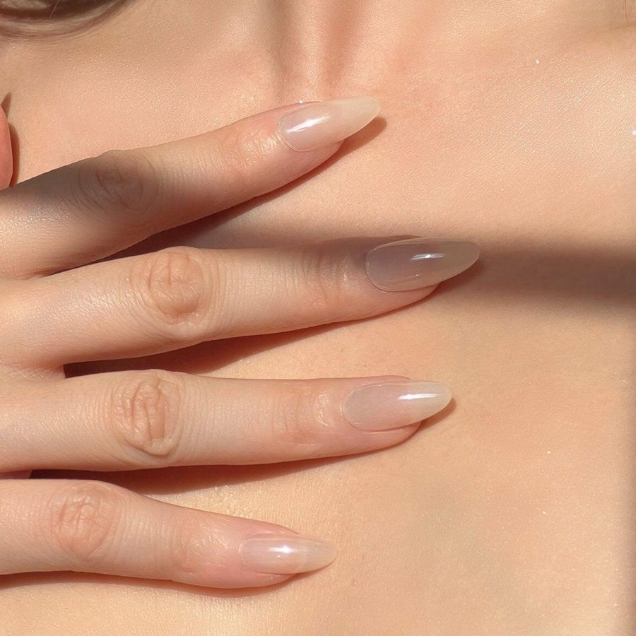 Hailey (Pearl) - Press On Nails Short Almond Natural Looking Fake Nails Frst Class Beauty Nude Glazed Donut