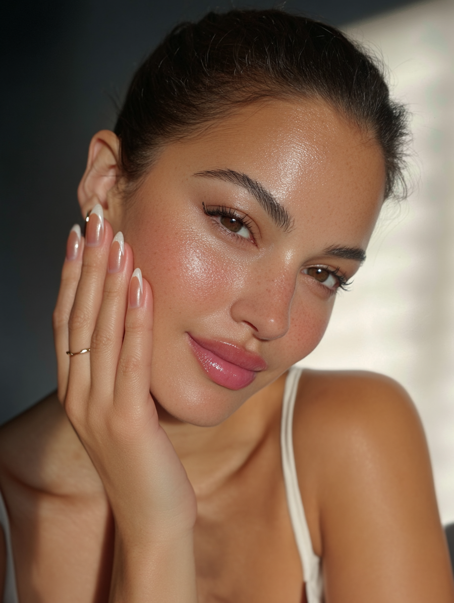 Woman with a beautiful set of chrome french tip press on nails that are handmade. she has a soft smile, hand near face, blurred background