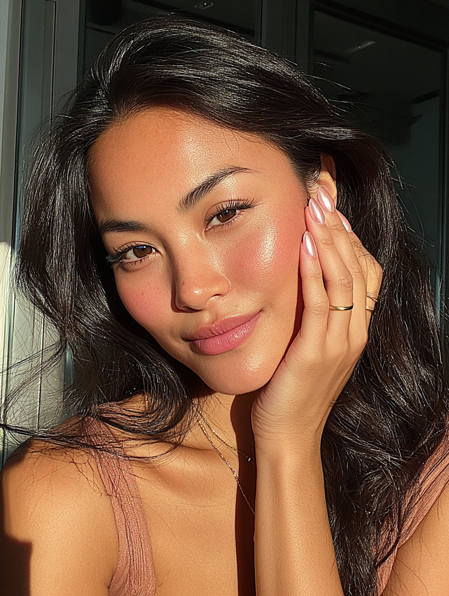 light chrome pink nails in short almond press ons. Woman with dark hair and makeup, wearing a pink top, posing outdoors.