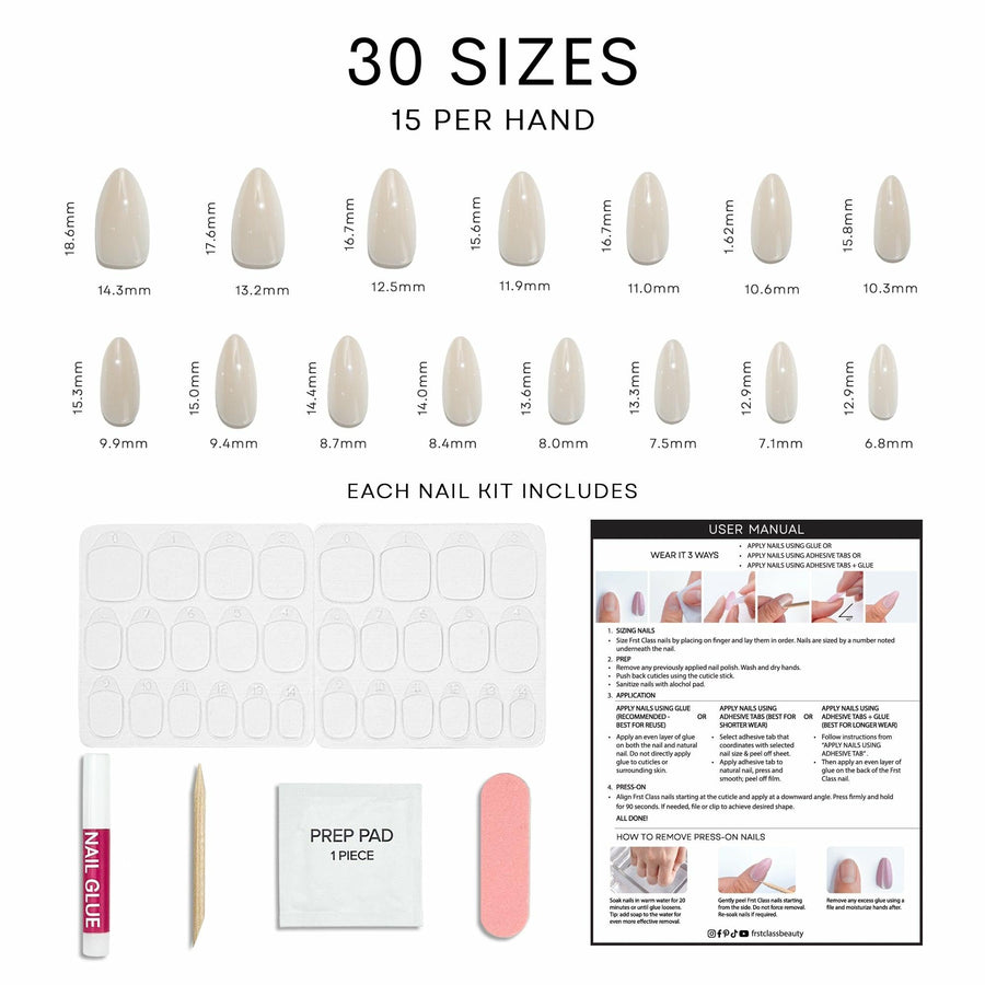 Olivia - Vanilla Chrome - Press On Nails Short Almond Natural Looking Fake Nails Frst Class Beauty