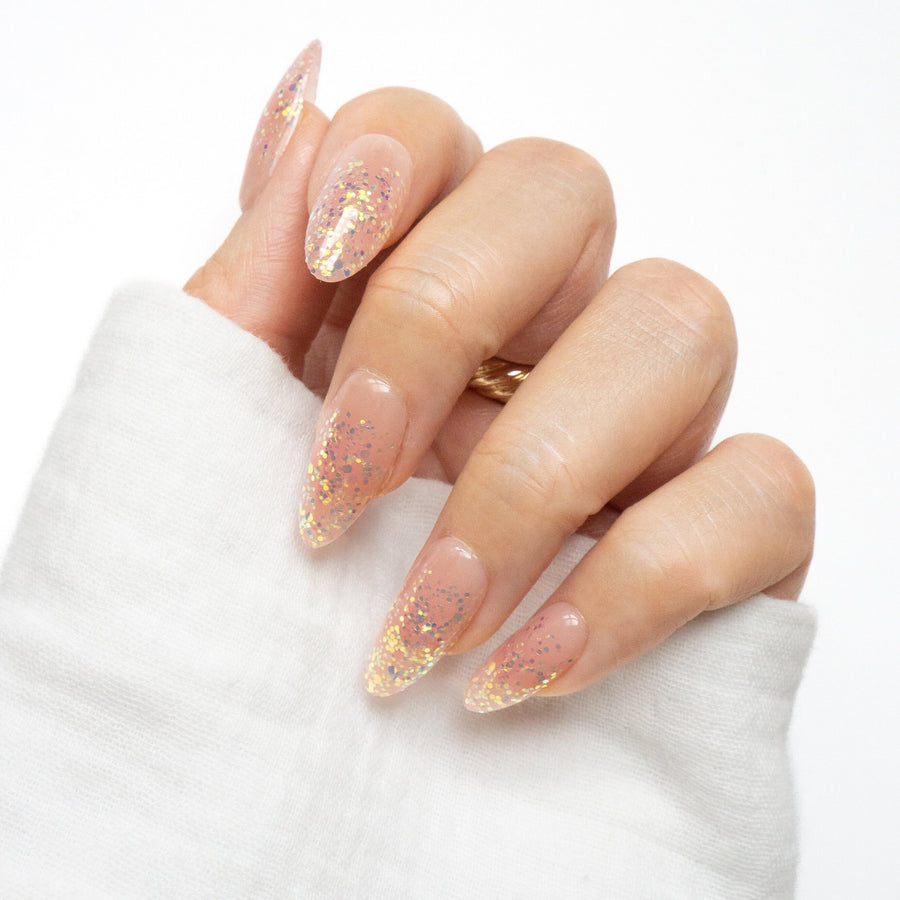 Fireworks Sparkle Gel Press-Ons - Press On Nails Short Almond Natural Looking Fake Nails Frst Class Beauty