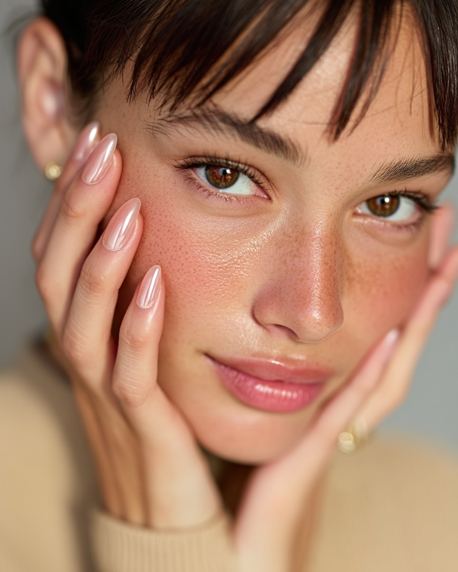Soft pink hailey glazed donut chrome nails Close-up of a woman with hands on her face against a neutral background